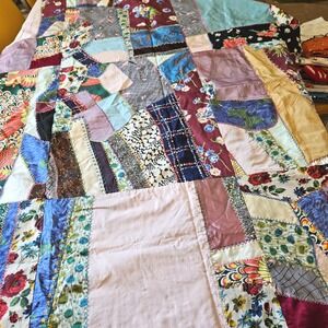 Vintage 40s Handmade Crazy Quilt Top Silk Satin Velvet Embroidered Folk Art Twin